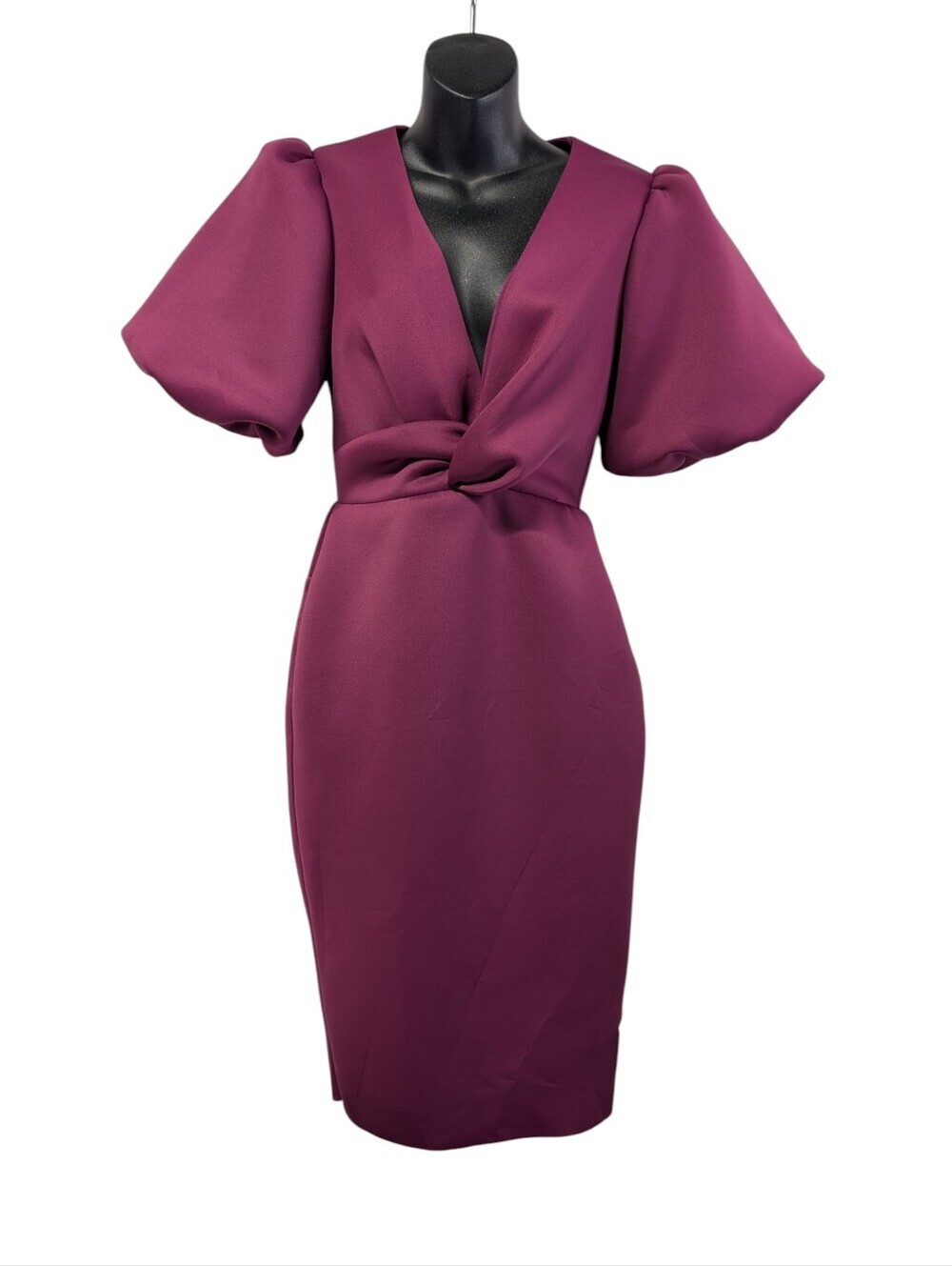 ASOS Women's Purple Berry Puff Sleeve Twist Front Bodycon Midi Dress Size 6 NWT